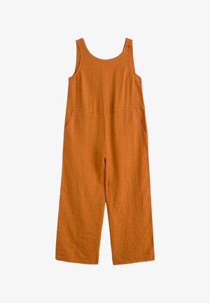 Bezrękawnik w kolorze rdzawego pomarańczu z szerokimi nogawkami, okrągłym dekoltem, dwoma bocznymi kieszeniami i guzikami na lewym ramiączku.