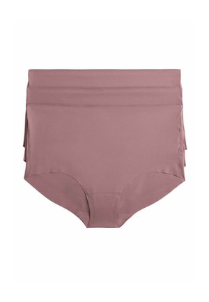 Drie mauve naadloze hoge tailleslips voor dames, gestapeld, met brede taillebanden en volledige achterkantbedekking.