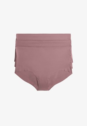 Tre violette seamless højtaljede damestrusser stablet, med brede linninger og fuld dækning bagi.