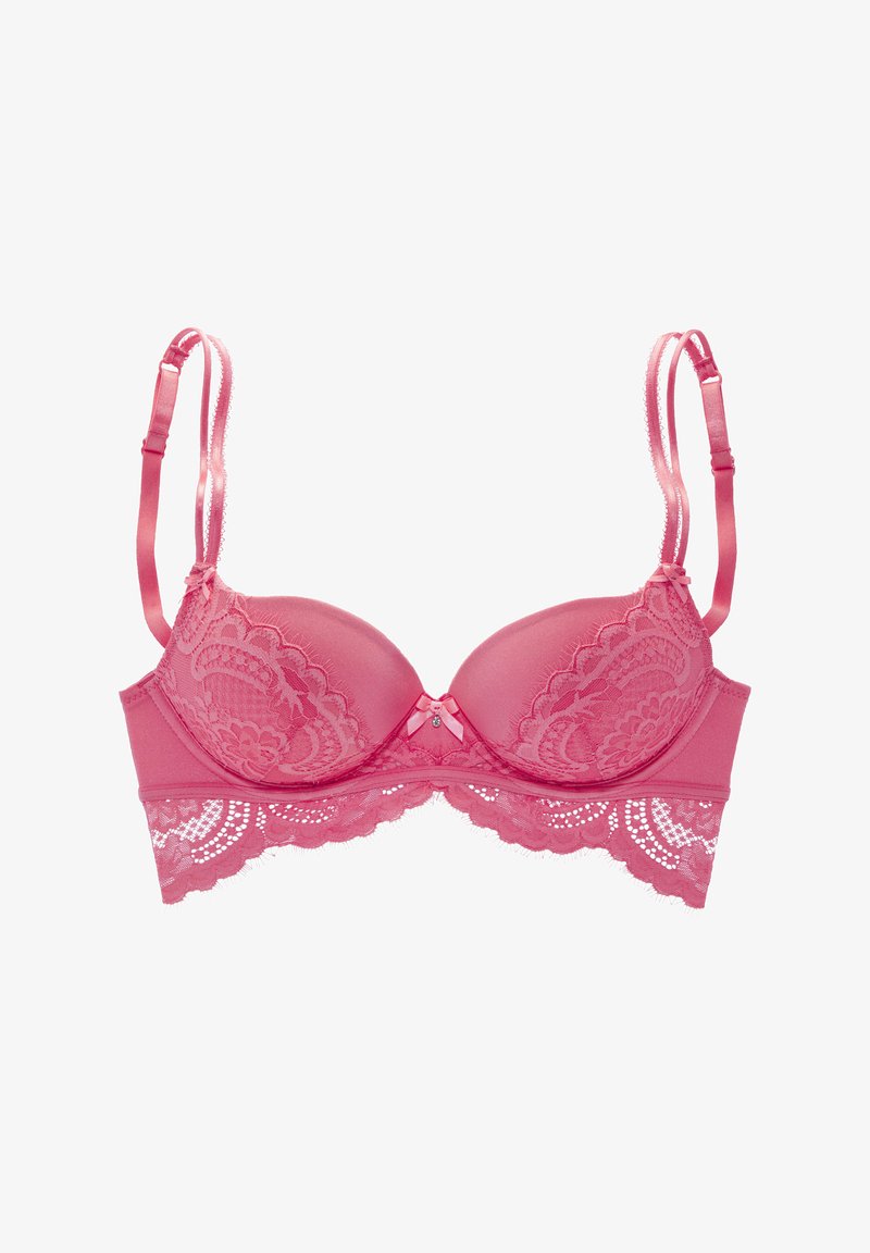Roze kanten beha met beugel, voorzien van decoratieve patronen, golvende randen en satijnen verstelbare schouderbanden. Een klein strikje accent in het midden.
