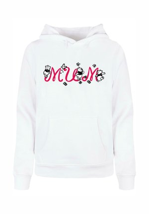 Weißer Kapuzenpullover mit dem Wort "MUM" in pinker Schrift, verziert mit schwarzen Cartoon-Tieren und Blumen. Enthält eine Fronttasche und eine Kapuze.