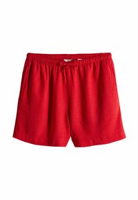Rote Badshorts aus leichtem Material, mit einem elastischen Bund und Kordelzug sowie Seitentaschen. Glatte Textur, lässiges Design.