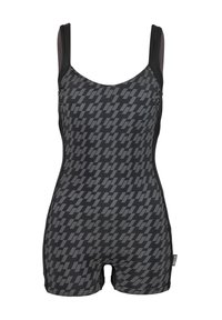 Maillot de bain une pièce noir avec un motif géométrique gris, doté de larges bretelles et d'un design ajusté, fabriqué à partir d'un matériau extensible et lisse.
