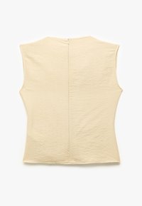 Beige ärmelloses Oberteil mit strukturiertem Finish, Rückenzipper, tailliertem Schnitt und hohem Kragen.