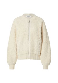 Creme-kleurige bomberjack met een textuur van fleece, ribgebreide manchetten en zoom, en een centrale rits. Casual ontwerp met raglanmouwen.
