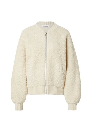 Creme-kleurige bomberjack met een textuur van fleece, ribgebreide manchetten en zoom, en een centrale rits. Casual ontwerp met raglanmouwen.