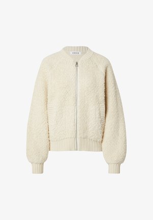 Cream-colored bomber jacket with a textured fleece body, ribbed cuffs and hem, and a central zipper. Casual design with raglan sleeves.