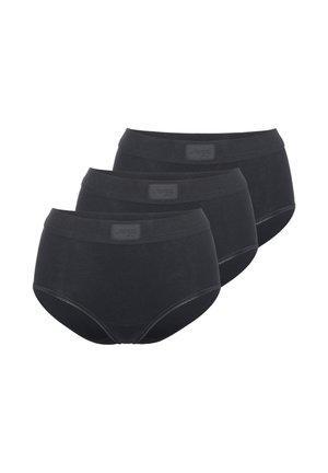 Trois culottes en coton noir pour femmes avec de larges ceintures élastiques, empilées en diagonale sur un fond blanc.