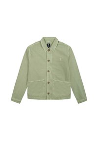 Lichtgroene jas van duurzaam stof, met een knopen sluiting, twee voorzakken en een klein logo op de borst.