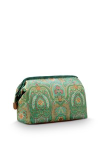 Patterned cosmetic bag in teal with floral motifs. Rounded shape, zipper closure, and green striped fabric trim. Durable material with a textured finish.