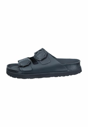 Zwarte slip-on sandalen met twee verstelbare banden met octogonale accenten, gemaakt van een glad, duurzaam materiaal met een gestructureerde zolen.