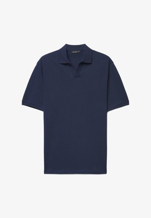 Marineblaues Polohemd mit kurzen Ärmeln, einem Kragen und V-Ausschnitt auf weißem Hintergrund, Größe Large.