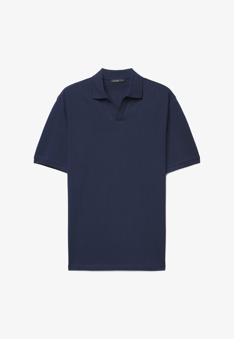 Marineblaues Polohemd mit kurzen Ärmeln, einem Kragen und V-Ausschnitt auf weißem Hintergrund, Größe Large.