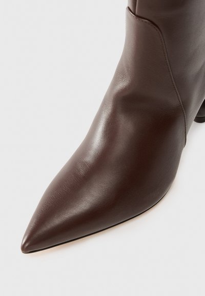 Brown leather ankle boot with a pointed toe, smooth texture, minimal stitching, and a low stacked heel.