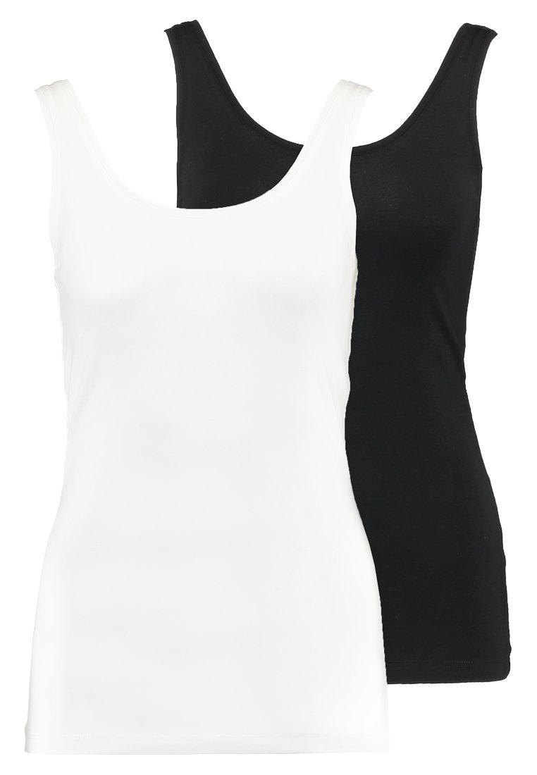 Deux débardeurs sans manches, en noir et blanc, fabriqués en tissu extensible. Ils présentent un décolleté arrondi et une coupe ajustée, avec une texture lisse.