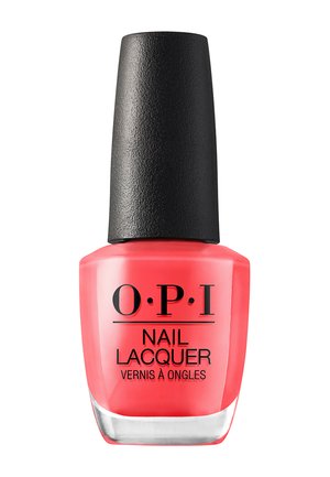 Flesje koraalroze OPI nagellak met zwarte gestructureerde dop en zwart bedrukte voorkant.
