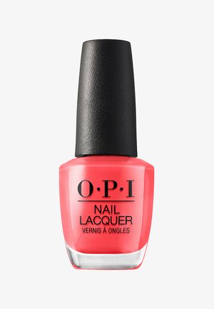 Flesje koraalroze OPI nagellak met zwarte gestructureerde dop en zwart bedrukte voorkant.