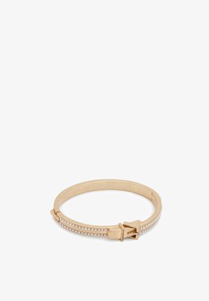 Bransoletka typu bangle w kolorze złotym z dwoma rzędami małych białych pereł i zapięciem w stylu klamry z grawerem "ALLSAINTS."