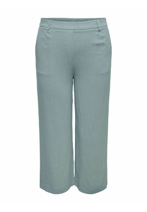 Lichtblauwe, wijd uitlopende korte broek met riemlussen en voorzakken, gemaakt van gestructureerde stof.