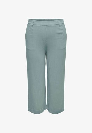 Hele sinised laiade säärtega lühikesed püksid, millel on vöörõngad ja esitaskud, valmistatud tekstureeritud kangast.