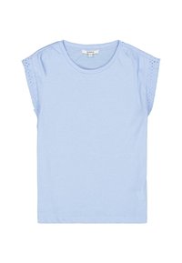 T-shirt bleu clair à manches courtes. Tissu en coton doux, col rond, avec un détail en œillets sur les manches et une coupe décontractée.