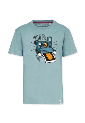 Light blue cotton t-shirt featuring a cartoon camera graphic with a tongue and the text "PICTURE THIS!" in bold black lettering.