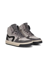 Hoge sneakers in grijs en crème synthetische materialen, met suède accenten, geperforeerd te ontwerp, zwarte rubberen zool en ritsluiting.