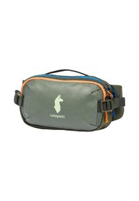 Borsetta in tessuto verde con cerniere arancioni e blu. Presenta una cinghia con fibbia e un logo grafico di un lama sulla parte frontale.