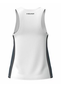 Camiseta atlética blanca con paneles laterales grises, con un diseño de espalda nadadora y el logo "HEAD" en la parte superior de la espalda. Textura suave y ajustada.