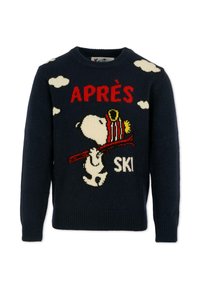 Granatowy sweter dzianinowy z motywem Snoopy'ego trzymającego kijki narciarskie, białe chmury, czerwony napis "APRÈS" oraz "SKI", fakturowany materiał i ściągacze.