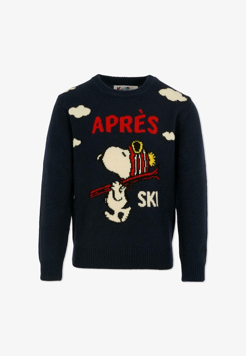 Granatowy sweter dzianinowy z motywem Snoopy'ego trzymającego kijki narciarskie, białe chmury, czerwony napis "APRÈS" oraz "SKI", fakturowany materiał i ściągacze.