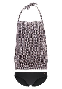 Badeanzug-Set mit einem Neckholder-Top im geometrischen Muster aus pinken, marineblauen und weißen Dreiecken, kombiniert mit einfarbigen schwarzen Bikini-Unterteilen.