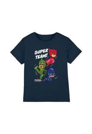 Navy cotton T-shirt featuring cartoon characters in vibrant colors, with "SUPER TEAM!" text in white above them. Short sleeves, round neck.