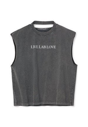 Canotta grigio scuro con la scritta "LIVE LAB LOVE" stampata in bianco sul davanti, con scollo rotondo e vestibilità ampia.