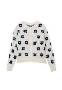 Cárdigan de punto en color crema con patrones de flores en azul marino. Presenta un escote ondulado, seis botones y puños y dobladillo en canalé. Textura suave.