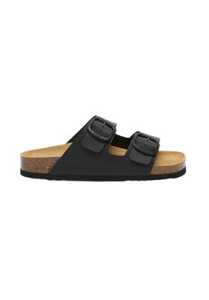 Sandalo nero con fibbie, dotato di soletta in sughero, caratterizzato da due cinturini regolabili, una forma sagomata e una suola in gomma texture.