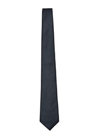 Černá kravata s úzkým tvarem a hladkou texturou, která má jednotnou barvu bez vzorů nebo ozdob.