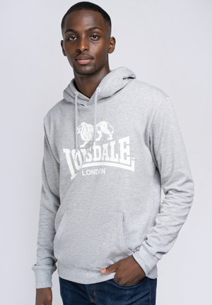 Gray hooded sweatshirt featuring a white lion graphic and "Lonsdale London" text. It has a front pocket and ribbed cuffs.