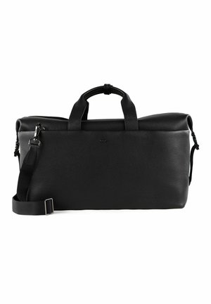 Black leather duffel bag with textured surface, dual handles, adjustable shoulder strap, and zippered top closure. Simple logo detail on front.