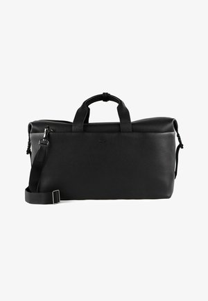Sac de voyage en cuir noir avec surface texturée, anses doubles, bandoulière ajustable et fermeture zippée sur le dessus. Détail de logo simple à l'avant.