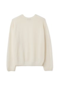 Maglione color crema con dettagli a coste sulle spalle, scollatura tonda e maniche lunghe. Texture morbida, vestibilità comoda, senza metalli visibili o loghi.