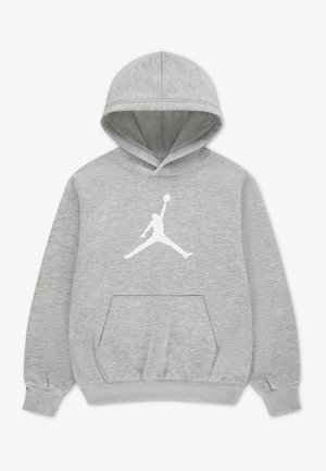 Sweat à capuche gris clair avec poche kangourou sur le devant et logo de basketball Jumpman blanc centré sur la poitrine.
