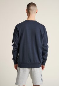 Felpa blu con maniche lunghe, collo rotondo, polsini e orlo a costine; presenta strisce diagonali bianche sulle maniche. Indossata con pantaloni corti grigi.