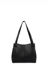 Borsa tote in pelle nera con superficie testurizzata, ampie cinghie per la spalla e forma strutturata. Design minimalista senza elementi metallici visibili.