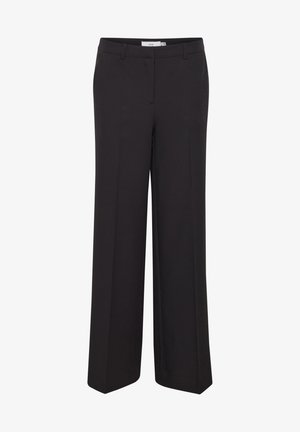 Schwarze, weit geschnittene Hosen aus einem glatten Stoff. Eigenschaften sind ein gerader Schnitt, vordere Taschen und ein Bund mit Gürtelschlaufen.