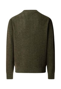 Maglione verde a coste con scollo rotondo e maniche lunghe. Motivo a maglia testurizzata su tutta la superficie. Polsini e orlo a coste lisce.