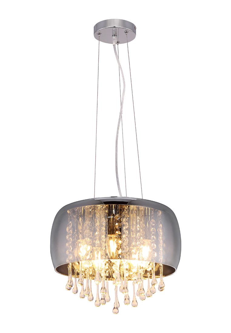 Deckenlampe mit verchromter Oberfläche, runder Form, klaren hängenden Kristallen und drei Glühbirnen in einem transparenten Glasschirm.