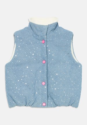 Light blue vest with a textured pattern, featuring a white fleece interior and pink snap buttons. Decorated with small sequins.