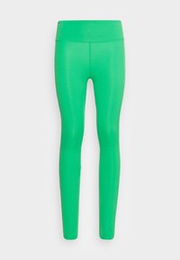 Leggings verdes ajustados com uma cintura alta, textura suave e design de comprimento total. Sem costuras visíveis ou padrões.