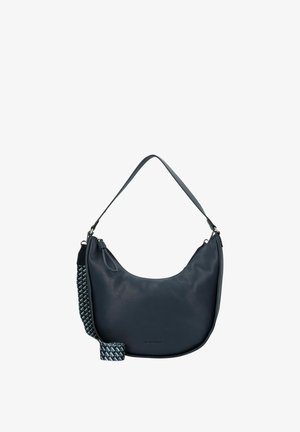 Borsa a spalla in pelle blu navy con forma curva, dotata di una tracolla intrecciata texturizzata e una finitura liscia. Tasca con zip sul lato.